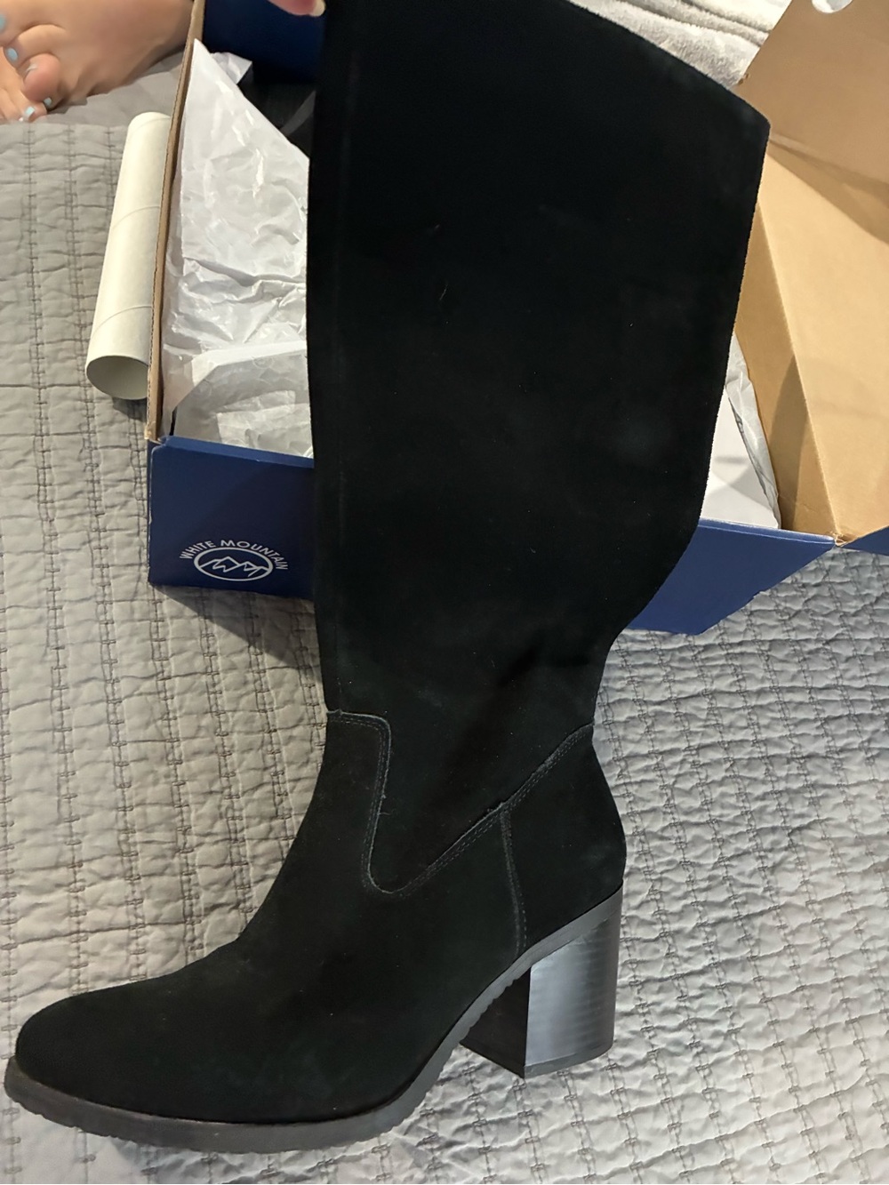 White Mountain Black Suede Mid-Calf Block Heel Boots